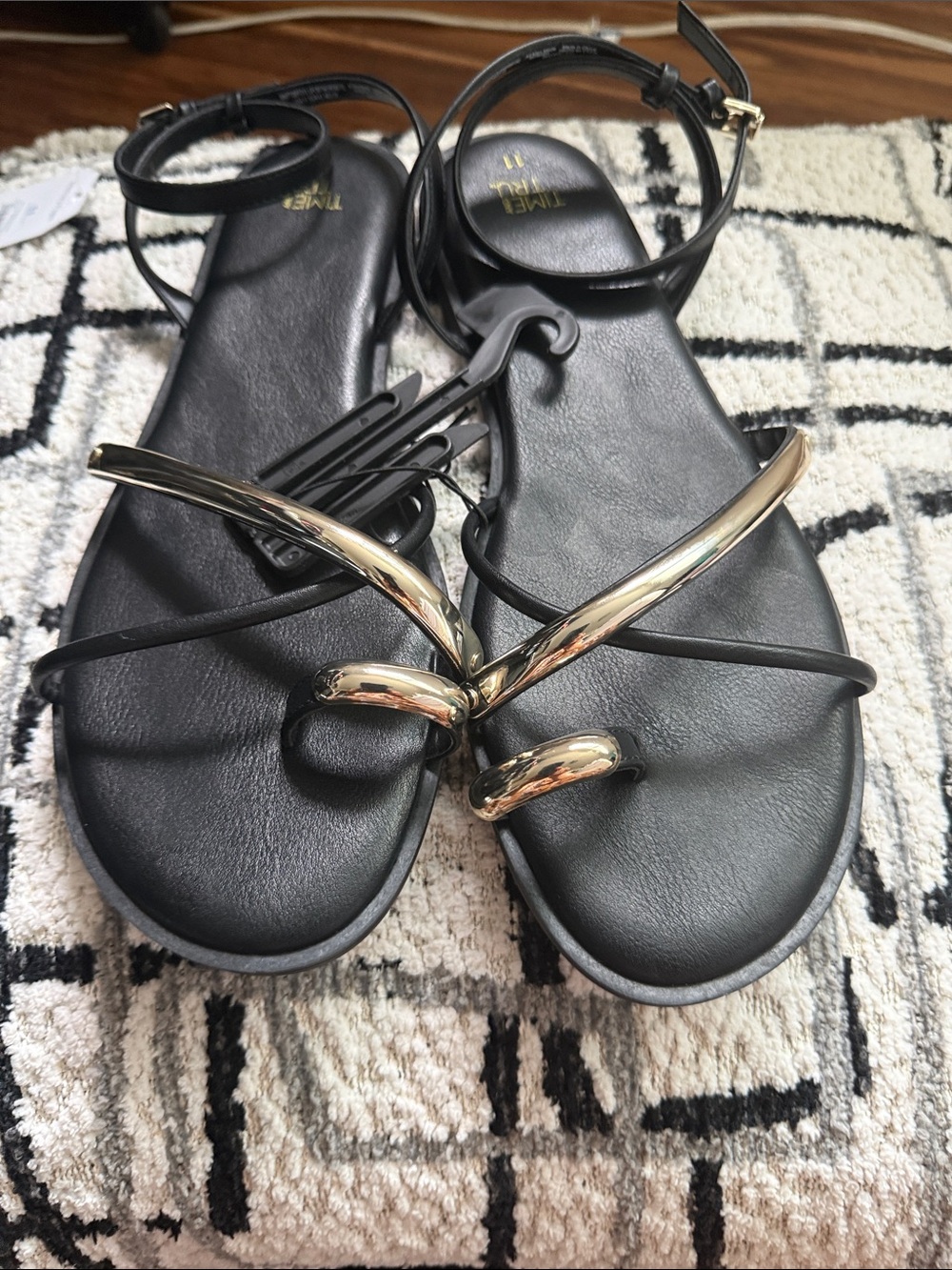 Time and Tru Black Sandals with Gold Accent Strappy Ankle